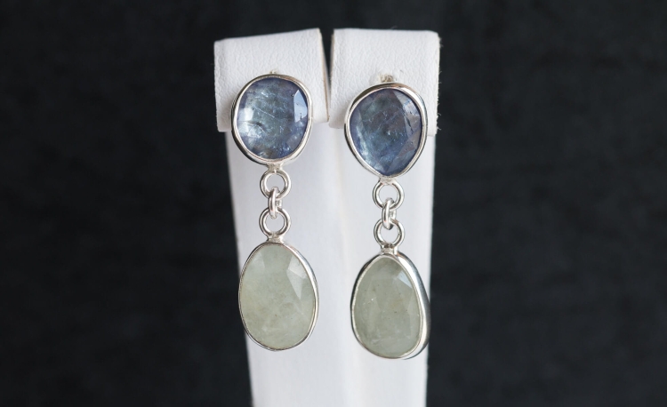 Srebrne wiszące kolczyki z akwamarynem i tanzanitem