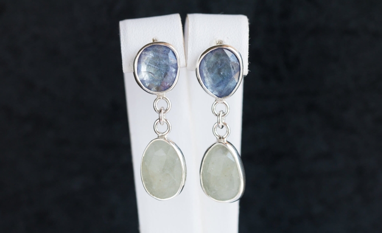 Srebrne wiszące kolczyki z akwamarynem i tanzanitem