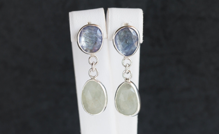 Srebrne wiszące kolczyki z akwamarynem i tanzanitem