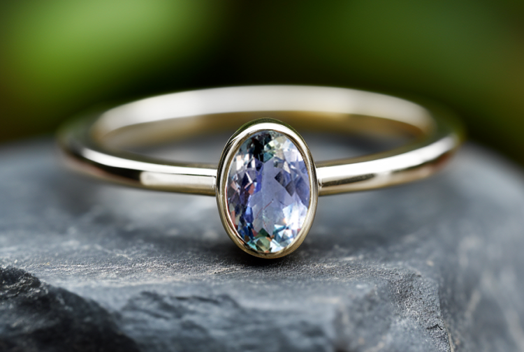 Złoty pierścionek z lśniącym tanzanitem