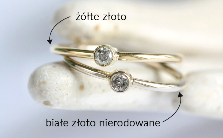 Pierścionek MINI z diamentem sól i pieprz 2,5mm w żółtym złocie i  białym złocie nierodowanym