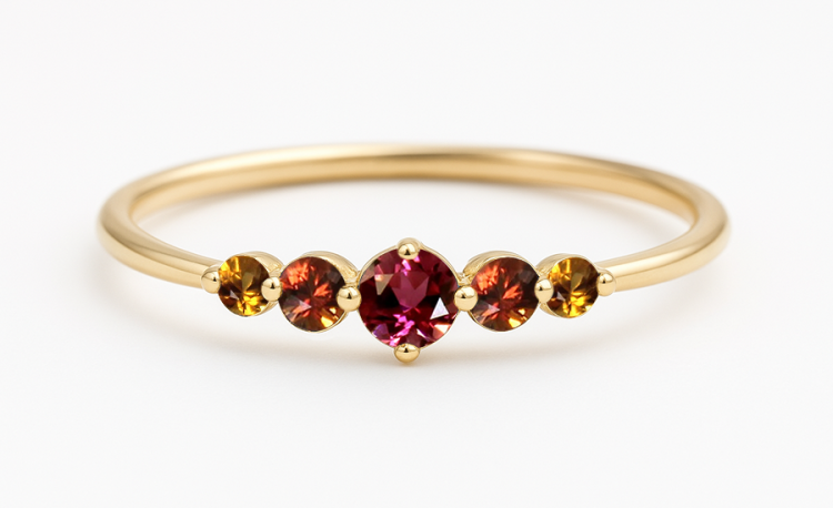 Złoty pierścionek z 5 kamieniami - Zachód słońca