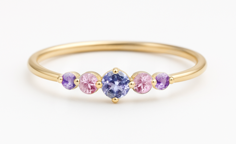 Złoty pierścionek z 5 kamieniami - Brzask. Liliowa kolorystyka kamieni, różowe szafiry, tanzanit i fioletowe ametysty.