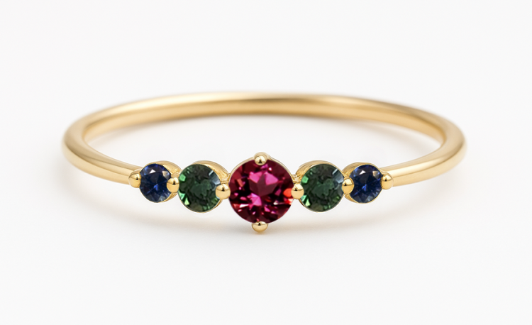 Złoty pierścionek z pięcioma kamieniami naturalnymi – granatem rodolitem, zielonymi turmalinami i szafirami w odcieniu granatowym. Model „Blask tajemnic” z kolekcji Światłoczułość, edycja jesienna, biżuteria Mims Studio.