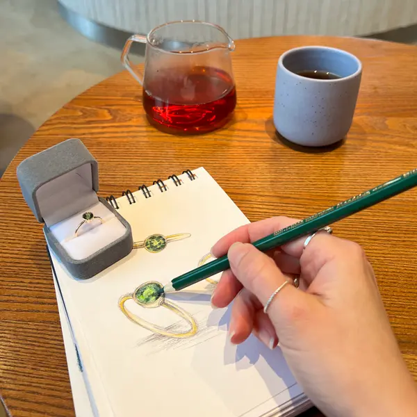 Złoty pierścionek z zielonym kamieniem - rysunki koncepcyjne